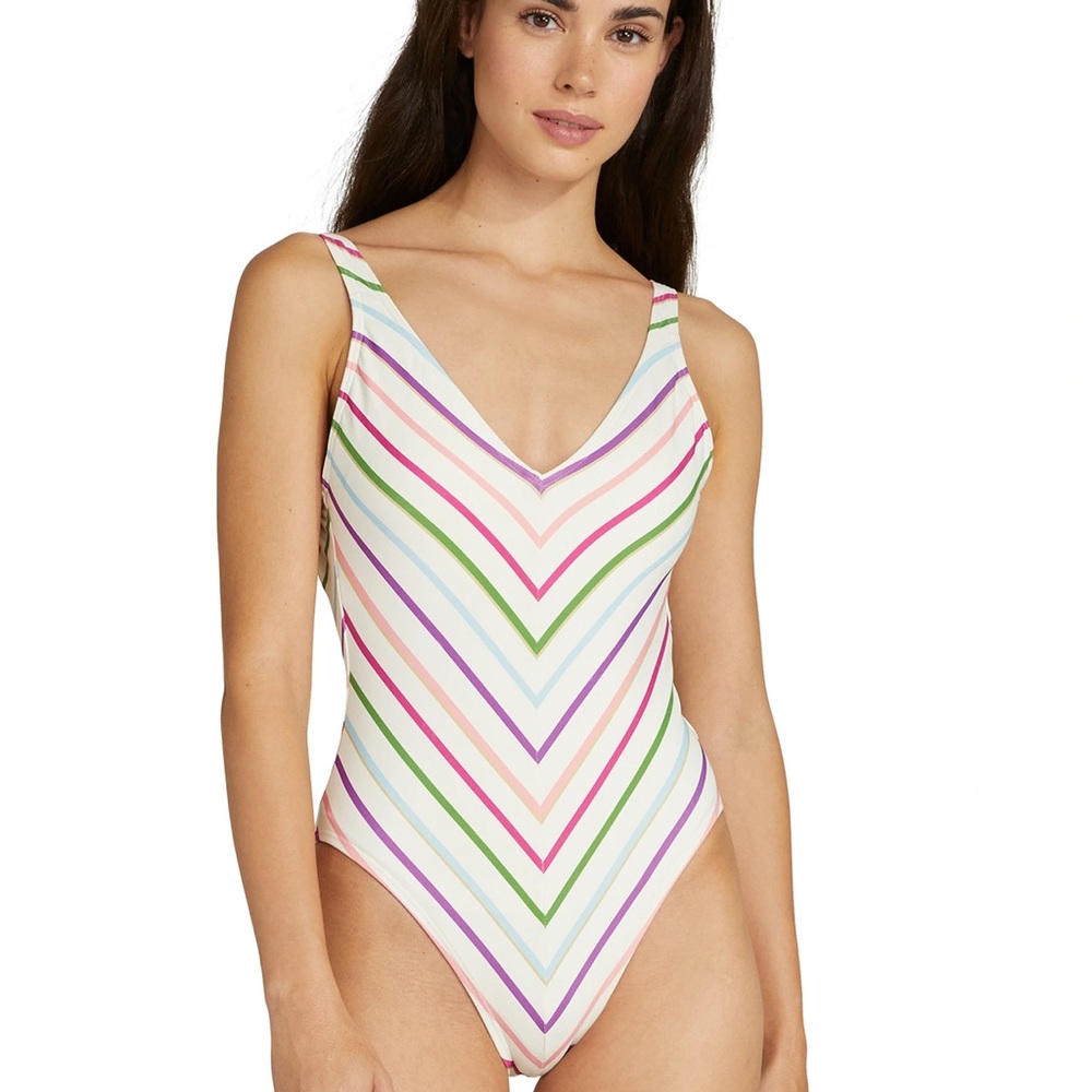 $145 Kate Spade V Neck One Piece Party Stripe Swimsuit, Size Small